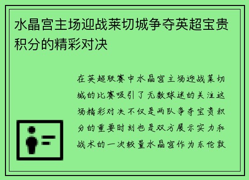 水晶宫主场迎战莱切城争夺英超宝贵积分的精彩对决